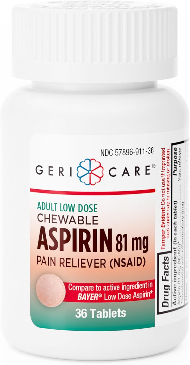 GeriCare Low Dose Adult Chewable Aspirin 81mg, Pain Reliever, 36 Count (Pack of 2)