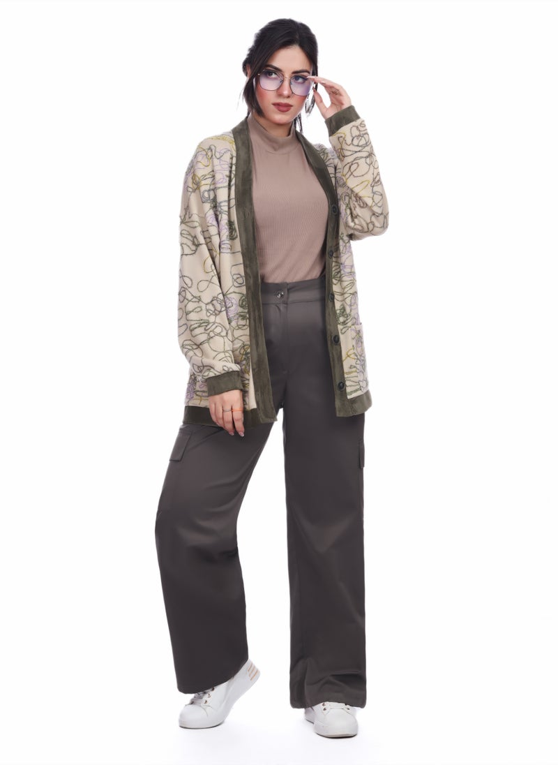 Smoky Egypt Patterned Wool Tricot Cardigan With Contrast Solid Borders - Olive - Image 1