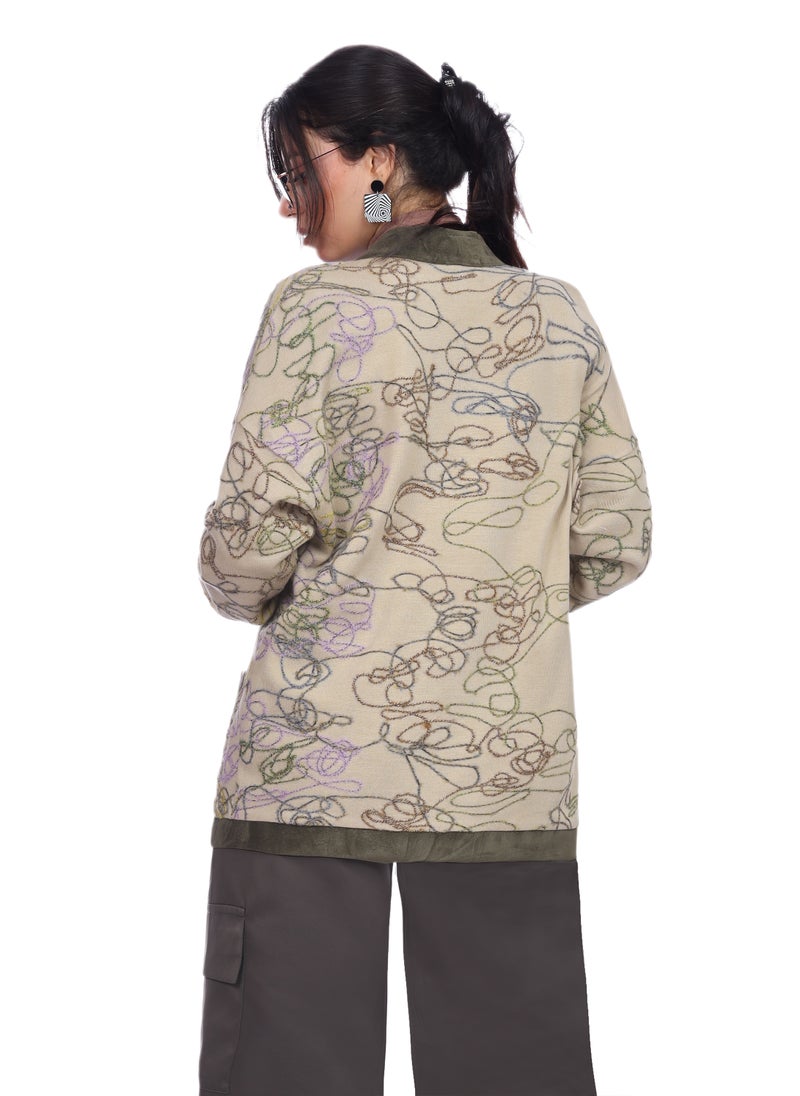 Smoky Egypt Patterned Wool Tricot Cardigan With Contrast Solid Borders - Olive - Image 3