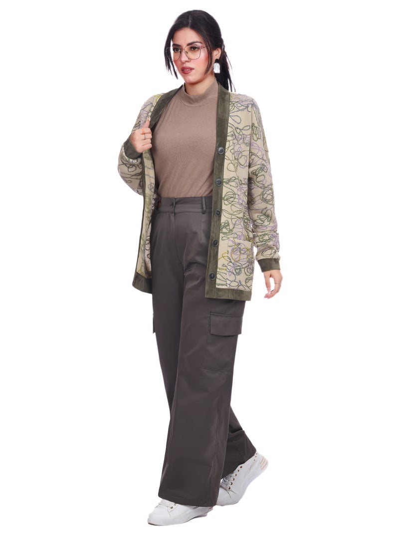 Smoky Egypt Patterned Wool Tricot Cardigan With Contrast Solid Borders - Olive - Image 2