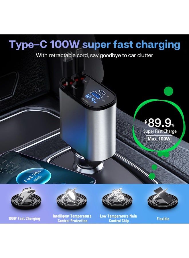 Retractable Car Charger with 100W, 4 in 1 Car Fast Charger for iPhone and Type C, Retractable Cables (31.5 inch) and 2 Charging Ports, Compatible with iPhone 15/14/13/12 Pro Max XR,iPad,Samsung - Image 3