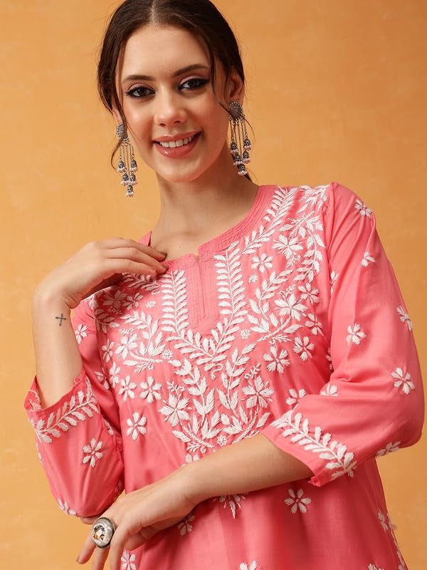 Ada Women Muslin Regular Hand Embroidered Lucknowi Chikankari Straight Top Tunic Short Kurti A911428 Carrot Pink (L) - Image 5