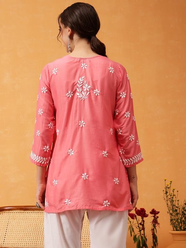 Ada Women Muslin Regular Hand Embroidered Lucknowi Chikankari Straight Top Tunic Short Kurti A911428 Carrot Pink (L) - Image 2