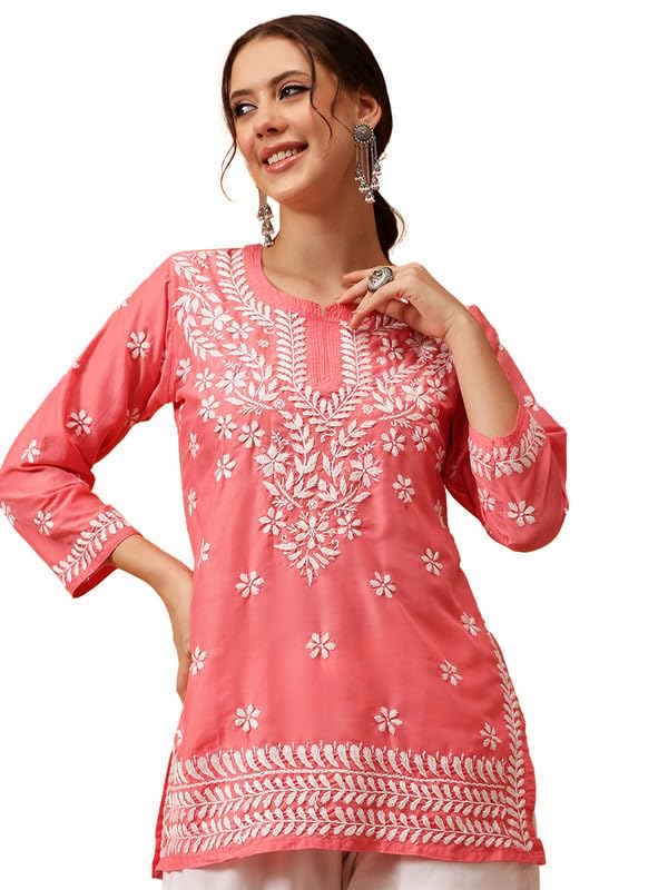 Ada Women Muslin Regular Hand Embroidered Lucknowi Chikankari Straight Top Tunic Short Kurti A911428 Carrot Pink (L) - Image 1