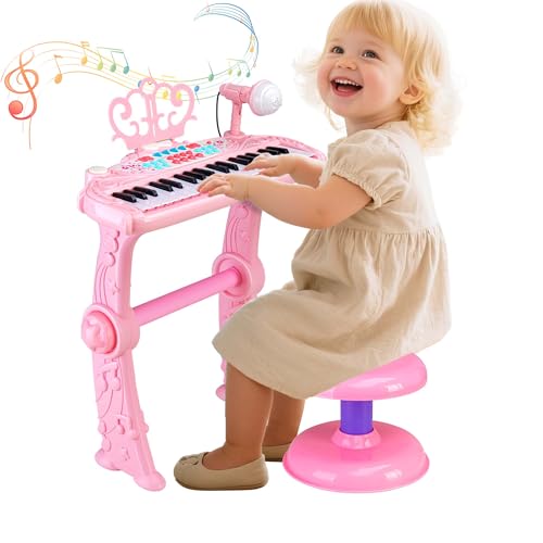 Bettina 37 Key Kids Piano Keyboard Toy with Stool Pink Toddler Piano Toy Electronic Musical Instrument Keyboard Toys Girls Birthday Gift for Ages 37 - Image 1
