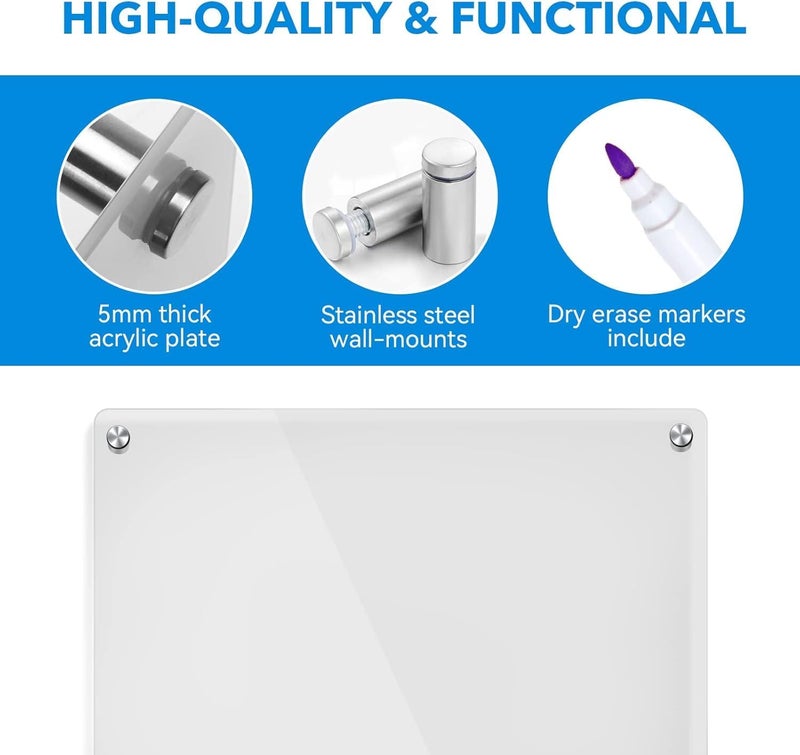 SLASA Clear Acrylic Dry Erase Board 50.8x76.2cm Wall Mount Floating Writing Board - Image 3