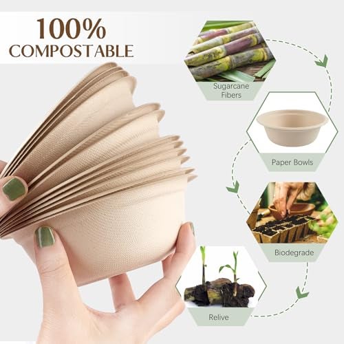 ZORRITA 150 Pack 12 oz Compostable Paper Bowls Small Disposable Soup Bowls Natural Sugarcane Biodegradable Bowls for Ice Cream, Desserts, Salads, Pet Food - Image 4