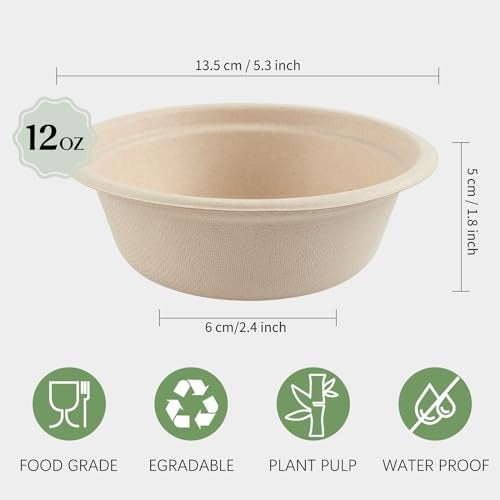 ZORRITA 150 Pack 12 oz Compostable Paper Bowls Small Disposable Soup Bowls Natural Sugarcane Biodegradable Bowls for Ice Cream, Desserts, Salads, Pet Food - Image 2