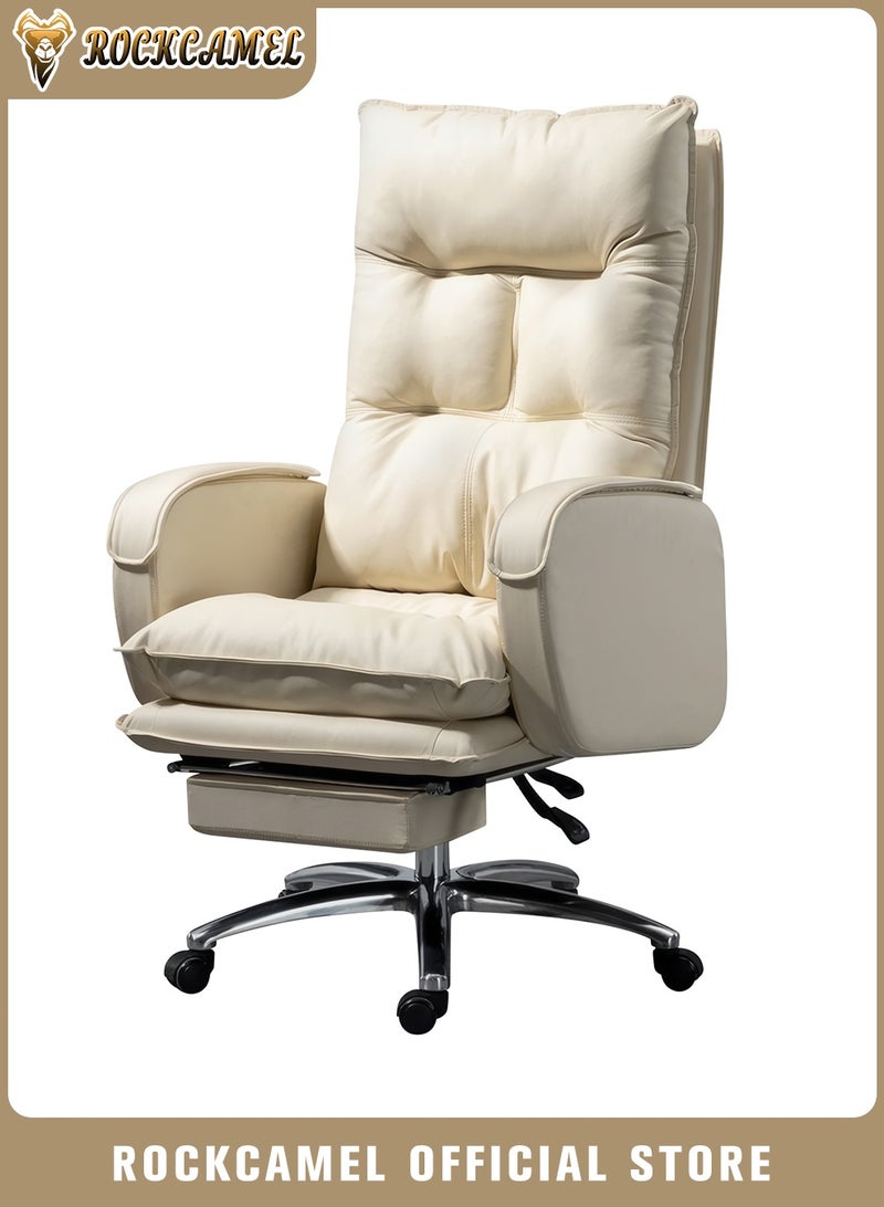 ROCKCAMEL Executive Office Chair / Boss Chair with Footrest, Ergonomic High Back PU Reclining Chair with Thickened Latex Cushion, 135° Reclining Computer Desk Chair for Home or Office, White - Image 1