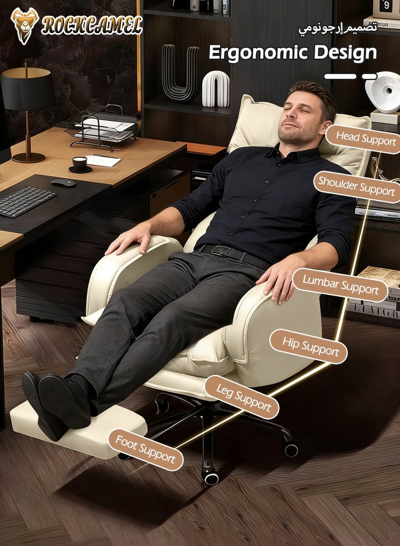 ROCKCAMEL Executive Office Chair / Boss Chair with Footrest, Ergonomic High Back PU Reclining Chair with Thickened Latex Cushion, 135° Reclining Computer Desk Chair for Home or Office, White - Image 2