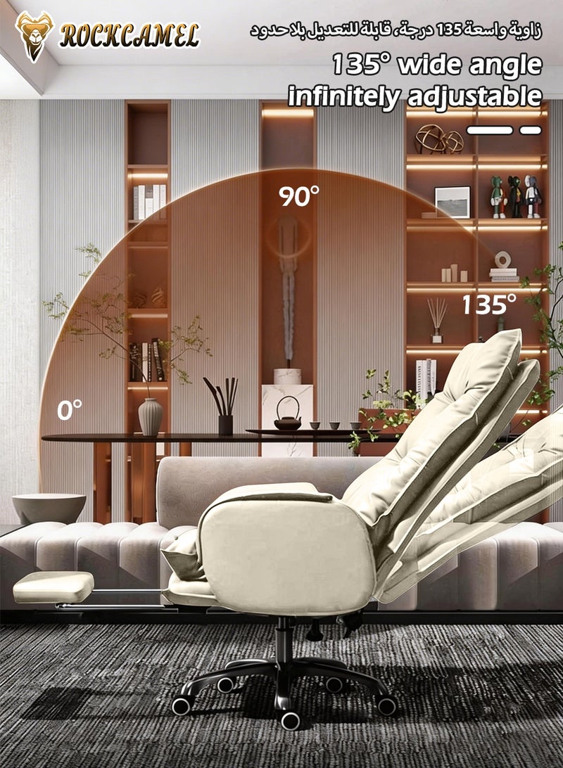 ROCKCAMEL Executive Office Chair / Boss Chair with Footrest, Ergonomic High Back PU Reclining Chair with Thickened Latex Cushion, 135° Reclining Computer Desk Chair for Home or Office, White - Image 3