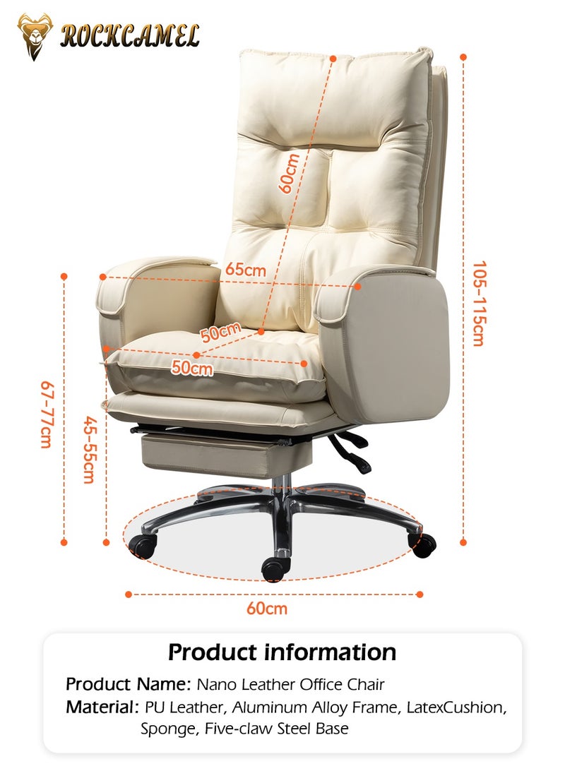 ROCKCAMEL Executive Office Chair / Boss Chair with Footrest, Ergonomic High Back PU Reclining Chair with Thickened Latex Cushion, 135° Reclining Computer Desk Chair for Home or Office, White - Image 4