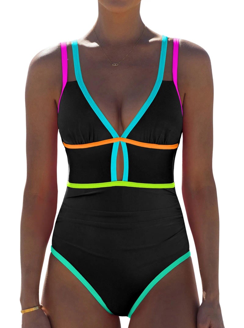 popvil Women One Piece Swimsuit 2026 Tummy Control Sexy Cutout Neon Color Block Bathing Suit Slimming Adjustable Swimwear, Black1 Large - Image 1