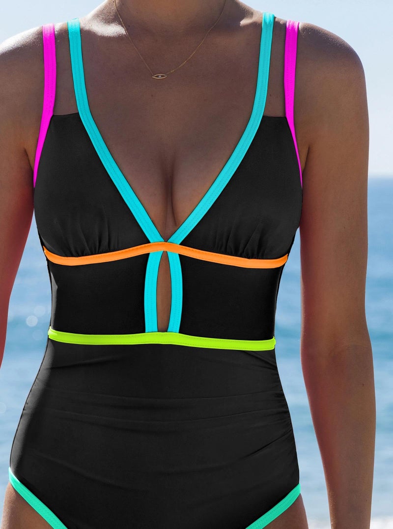 popvil Women One Piece Swimsuit 2026 Tummy Control Sexy Cutout Neon Color Block Bathing Suit Slimming Adjustable Swimwear, Black1 Large - Image 3
