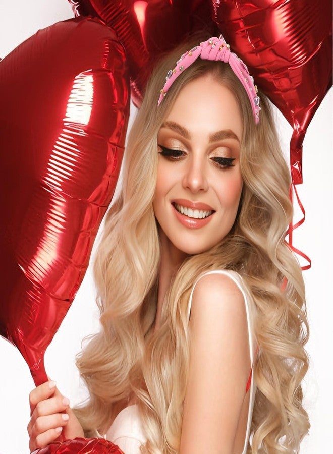 KIUEZIR Headbands for Women Valentine's Day Pink Knotted Rhinestone Pearl Hair Accessory - Image 4