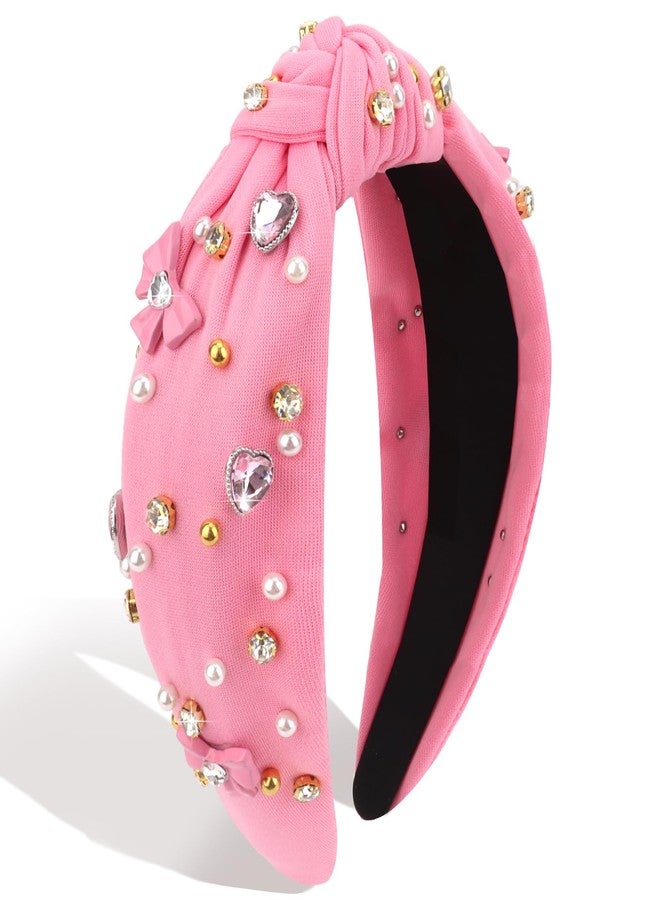 KIUEZIR Headbands for Women Valentine's Day Pink Knotted Rhinestone Pearl Hair Accessory - Image 1