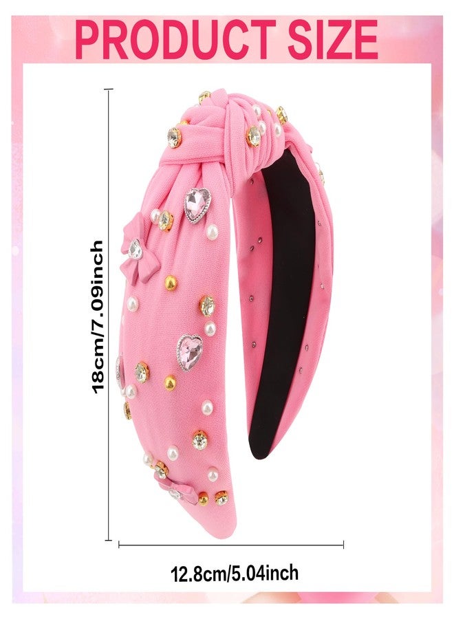 KIUEZIR Headbands for Women Valentine's Day Pink Knotted Rhinestone Pearl Hair Accessory - Image 2