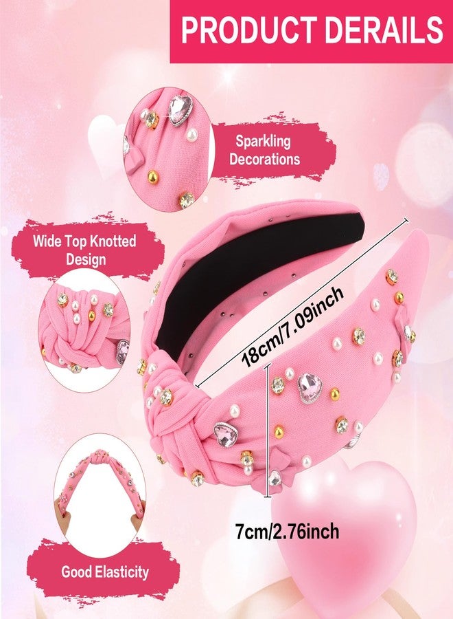 KIUEZIR Headbands for Women Valentine's Day Pink Knotted Rhinestone Pearl Hair Accessory - Image 3