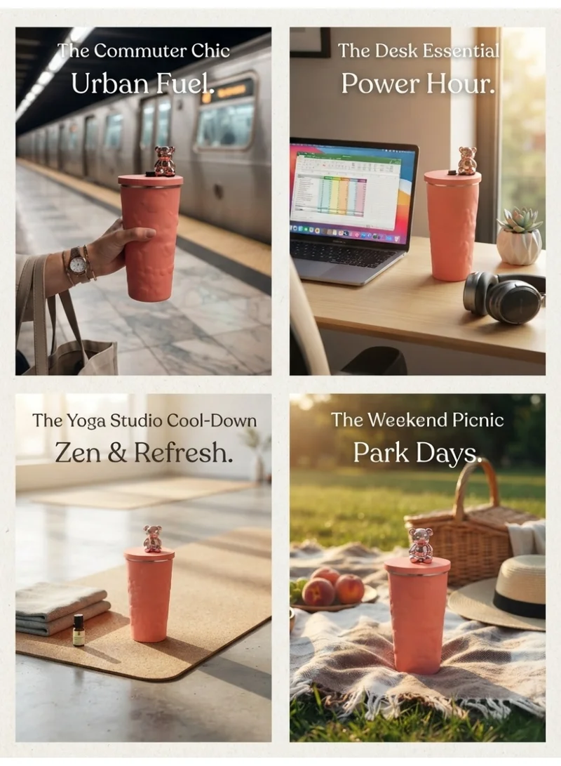 Tooly Stainless Steel Vacuum Insulated Tumbler Mug (600ml) with 3D Metallic Bear Lid Topper & Metal Straw – 12h Hot / 24h Cold / 48h Iced, Leak-Proof, Anti-Slip Base (Coral Pink)
