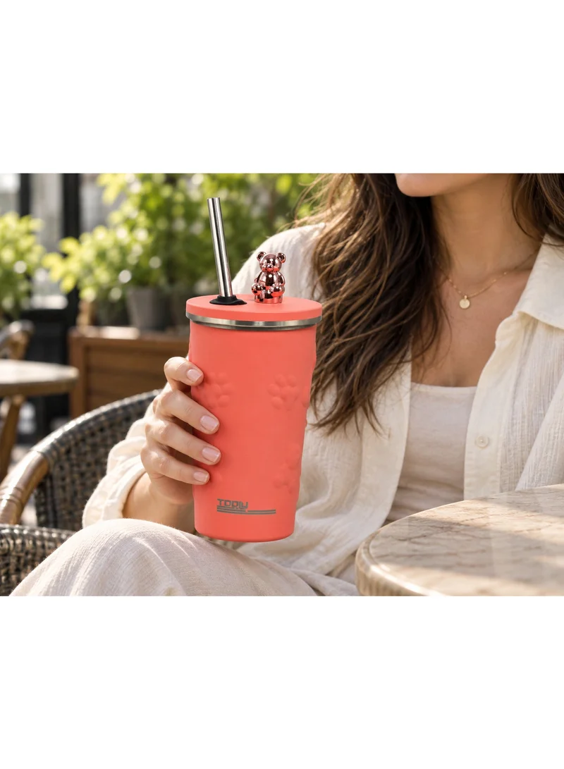 Tooly Stainless Steel Vacuum Insulated Tumbler Mug (600ml) with 3D Metallic Bear Lid Topper & Metal Straw – 12h Hot / 24h Cold / 48h Iced, Leak-Proof, Anti-Slip Base (Coral Pink)
