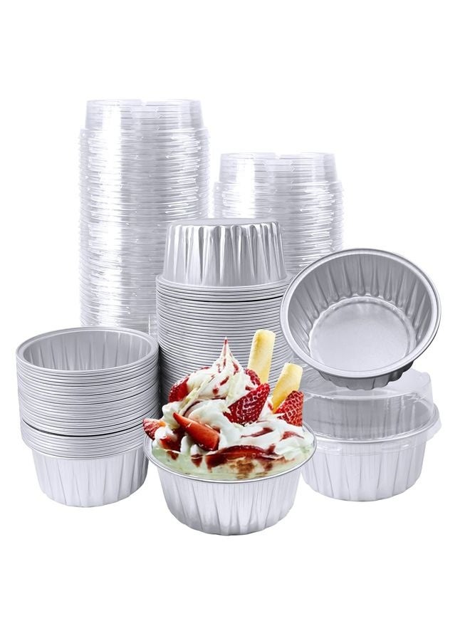 HOMESTAR 100Pcs Aluminum Cups with Lids,5oz Disposable Ramekin Baking Cups Muffin Liners Mini Pie Pans Foil Cupcake Containers for Christmas Party Wedding,Silver - Image 1