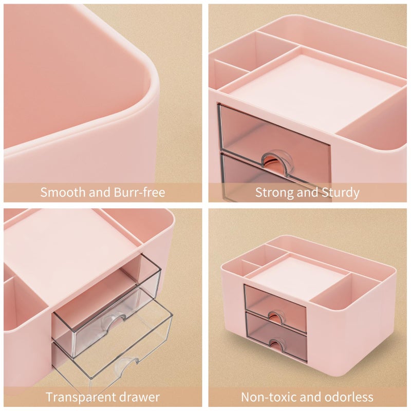RISEMART Desk Organiser with 2 Drawers, Desk Tidy Organiser with Pen Holder, Large Capacity Desktop Organizer Stationery Storage Box for School Office Home Makeup Desk Supplies (Pink) - Image 4