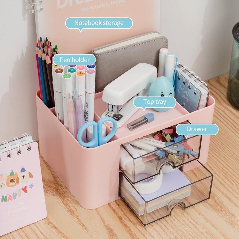 RISEMART Desk Organiser with 2 Drawers, Desk Tidy Organiser with Pen Holder, Large Capacity Desktop Organizer Stationery Storage Box for School Office Home Makeup Desk Supplies (Pink) - Image 2