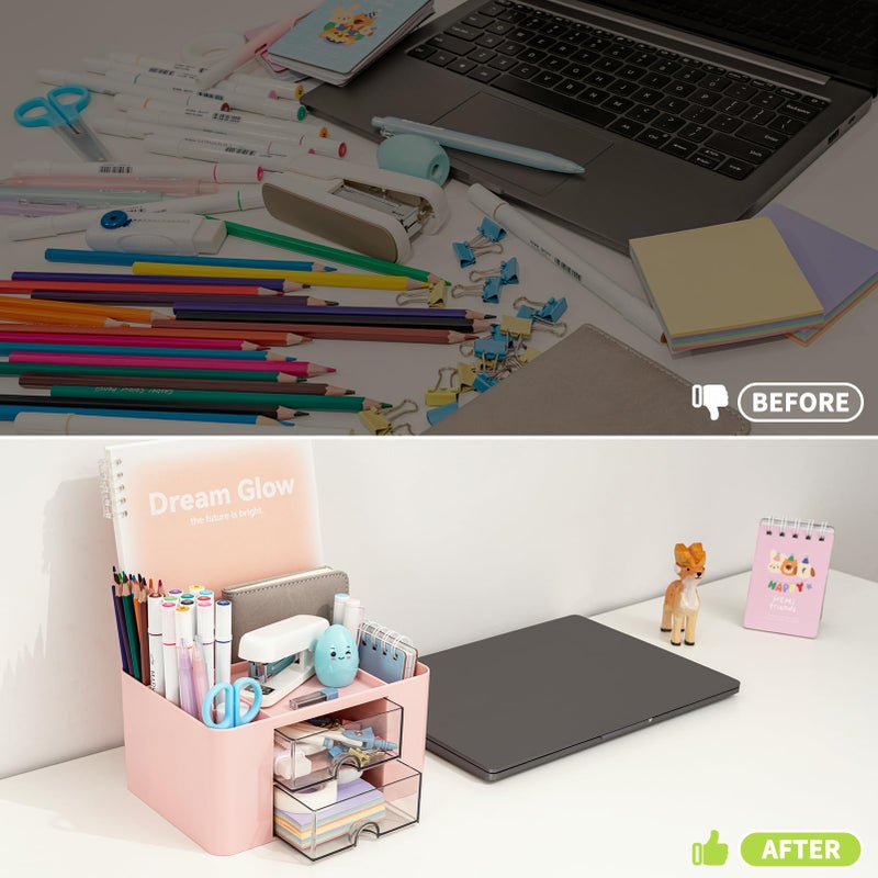 RISEMART Desk Organiser with 2 Drawers, Desk Tidy Organiser with Pen Holder, Large Capacity Desktop Organizer Stationery Storage Box for School Office Home Makeup Desk Supplies (Pink) - Image 5