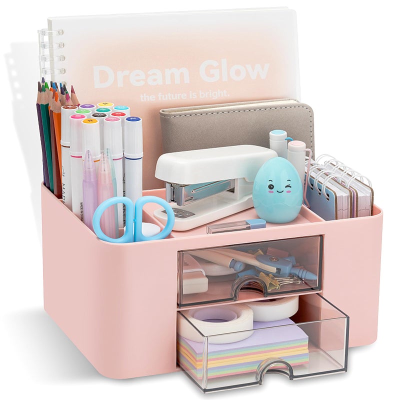 RISEMART Desk Organiser with 2 Drawers, Desk Tidy Organiser with Pen Holder, Large Capacity Desktop Organizer Stationery Storage Box for School Office Home Makeup Desk Supplies (Pink) - Image 1