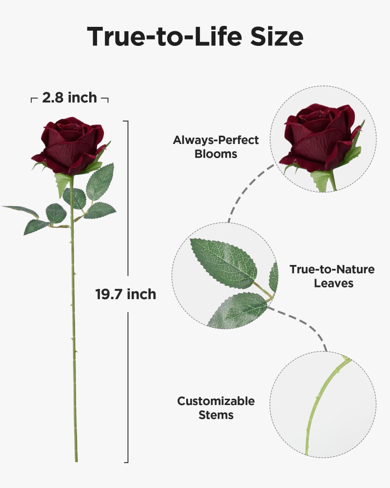 InnoGear 50 Pcs Burgundy Roses Artificial Flowers, Fake Velvet Silk Red Rose Bulk Faux Flower for Decoration Wedding Centerpieces Proposal Bridal Bouquets Shower Party Home Floral Decor (50, Burgundy) - Image 2