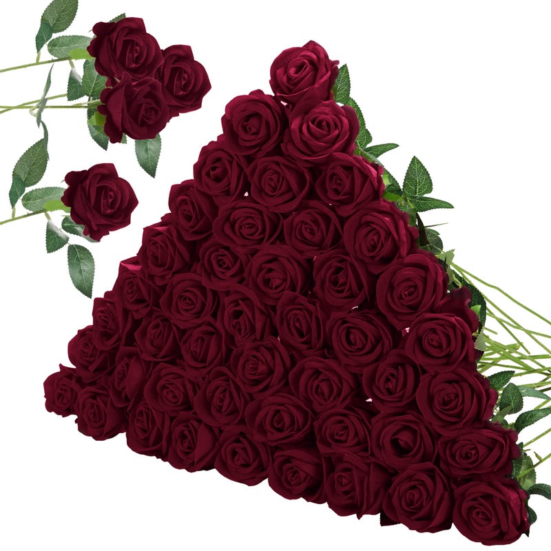 InnoGear 50 Pcs Burgundy Roses Artificial Flowers, Fake Velvet Silk Red Rose Bulk Faux Flower for Decoration Wedding Centerpieces Proposal Bridal Bouquets Shower Party Home Floral Decor (50, Burgundy) - Image 1