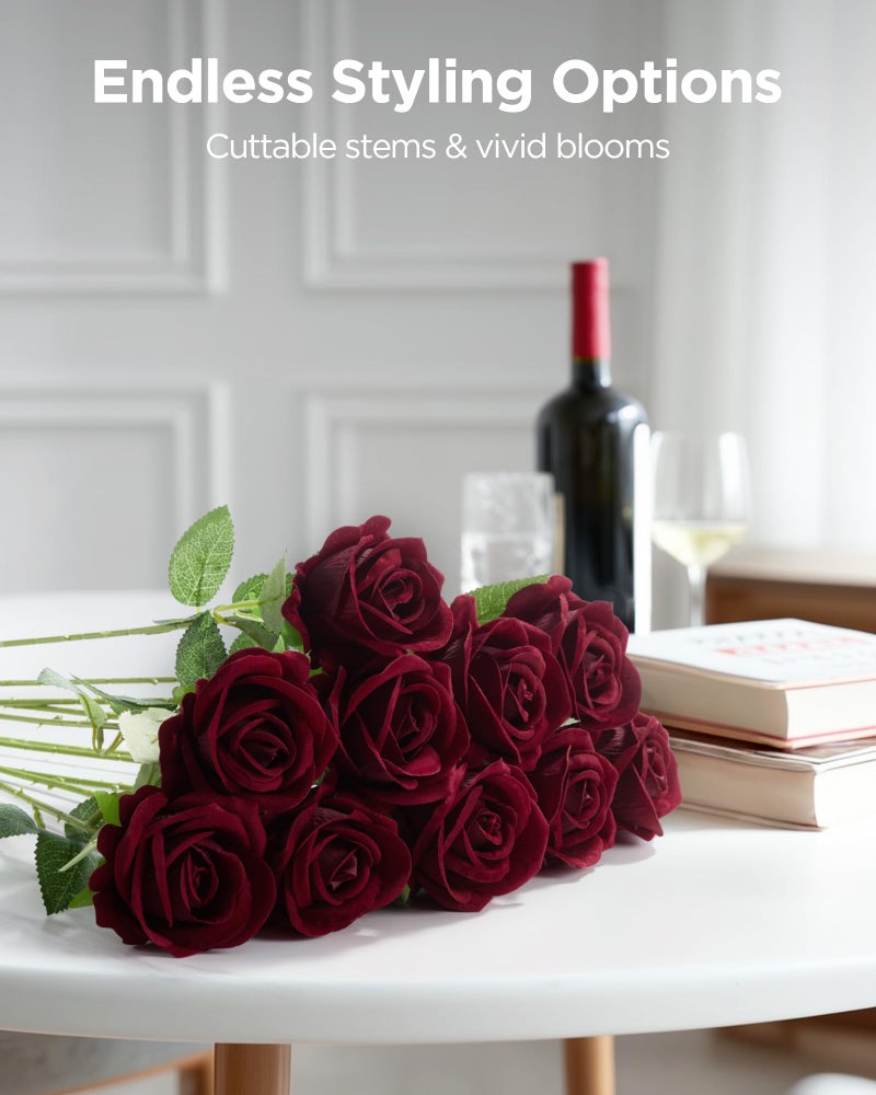 InnoGear 50 Pcs Burgundy Roses Artificial Flowers, Fake Velvet Silk Red Rose Bulk Faux Flower for Decoration Wedding Centerpieces Proposal Bridal Bouquets Shower Party Home Floral Decor (50, Burgundy) - Image 3