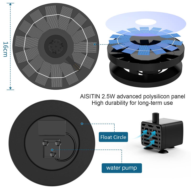 AISITIN 2.5W Solar Bird Bath Fountain Pump, Solar Fountain Pump for Bird Bath with 6 Nozzles, 6.7" Solar Powered Water Fountain Pump for Garden, Ponds, Pool, Fish Tank, Aquarium and Outdoor - Image 3