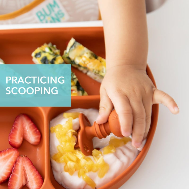 Bumkins Baby Utensils Set, Chewtensils Silicone Spoons for Dipping, Self-Feeding, Baby Led Weaning, Trainer Learning, First Stage Eating, Soft Practice Fork and Spoon, Babies 6 Months, Clay - Image 3