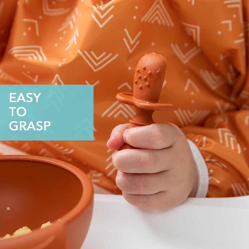 Bumkins Baby Utensils Set, Chewtensils Silicone Spoons for Dipping, Self-Feeding, Baby Led Weaning, Trainer Learning, First Stage Eating, Soft Practice Fork and Spoon, Babies 6 Months, Clay - Image 4