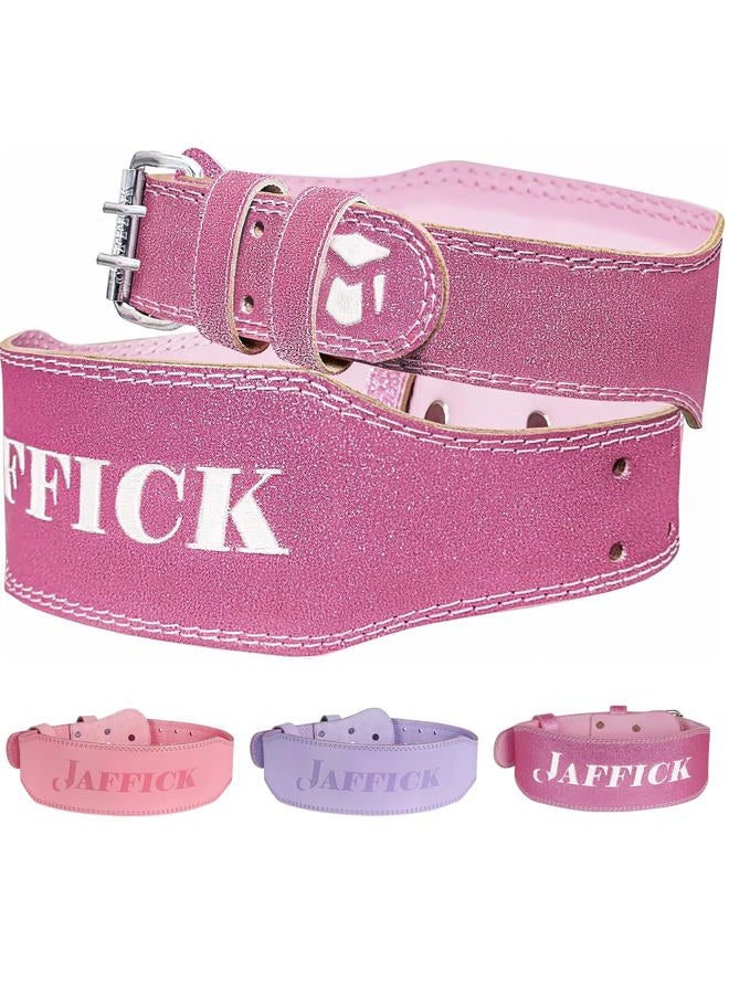 Jaffick Weight Lifting Belt For Ladies (4" Wide) Sparkling Pink embroidery Leather Gym Belts Lower Waist Back Support For Women Fitness Squat Deadlift Cross Training Gym Powerlifting Workout - Image 1