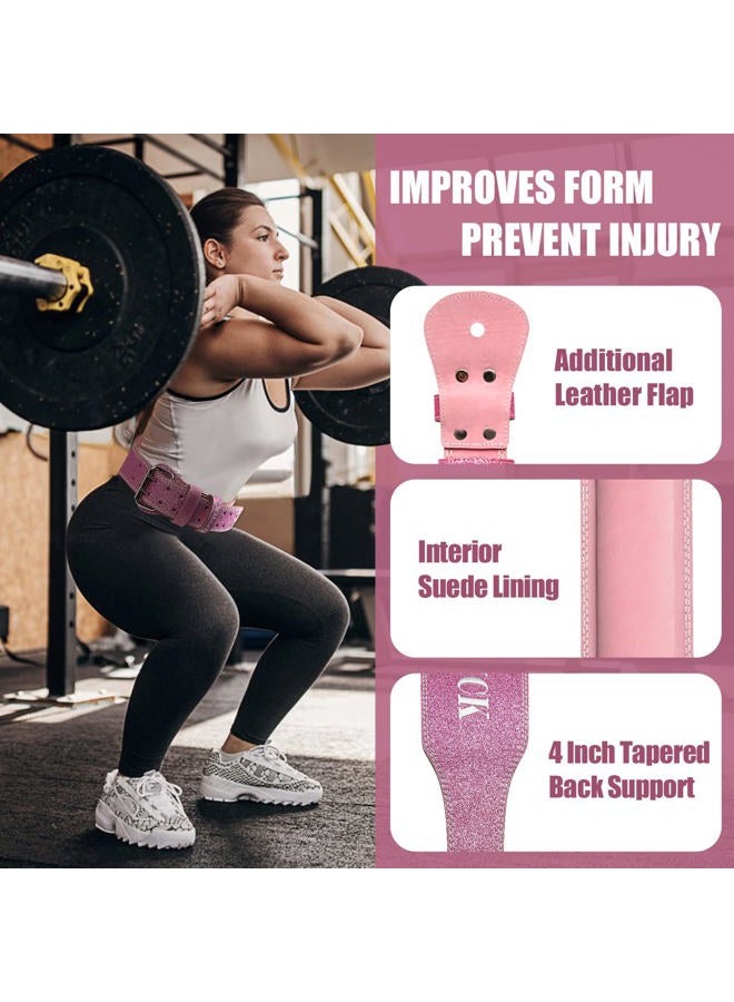 Jaffick Weight Lifting Belt For Ladies (4" Wide) Sparkling Pink embroidery Leather Gym Belts Lower Waist Back Support For Women Fitness Squat Deadlift Cross Training Gym Powerlifting Workout - Image 4