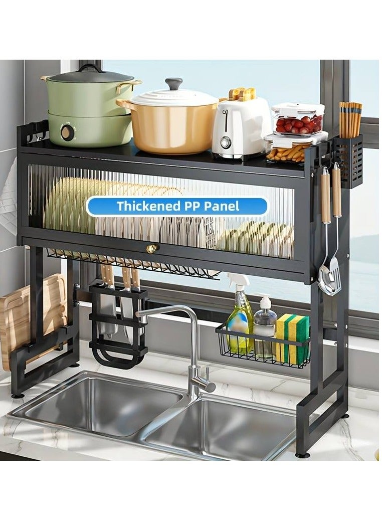 DubaiGallery حامل تجفيف الأطباق فوق الحوض - حامل حوض مطبخ موفر للمساحة مع رف ومصفاة مثالي فوق الحوض وفوق المنضدة مع غطاء - Image 4