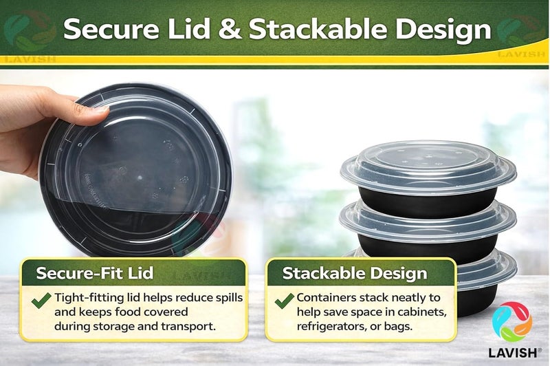 Lavish Microwave Disposable Round Food Containers with Lids | 16Oz -5 Pack | Meal Prep Containers for Kitchen Food Storage, Plastic Lunch & Takeaway Boxes - Image 2