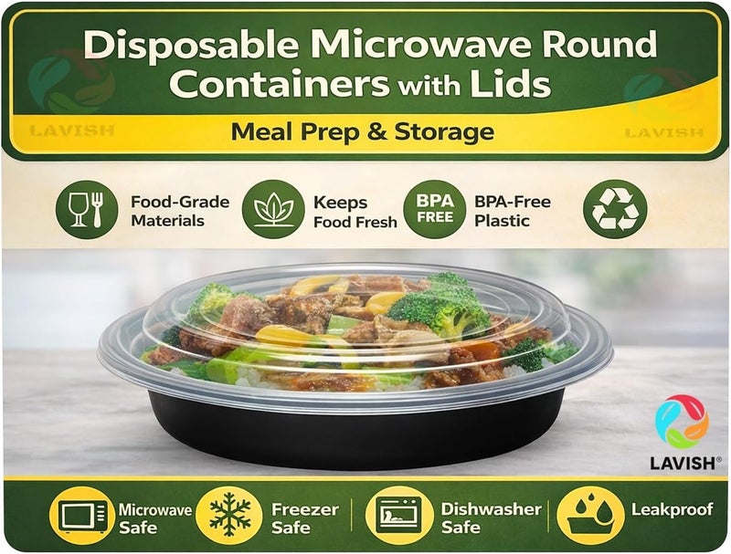 Lavish Microwave Disposable Round Food Containers with Lids | 16Oz -5 Pack | Meal Prep Containers for Kitchen Food Storage, Plastic Lunch & Takeaway Boxes - Image 3