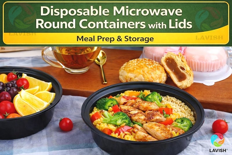 Lavish Microwave Disposable Round Food Containers with Lids | 16Oz -5 Pack | Meal Prep Containers for Kitchen Food Storage, Plastic Lunch & Takeaway Boxes - Image 4