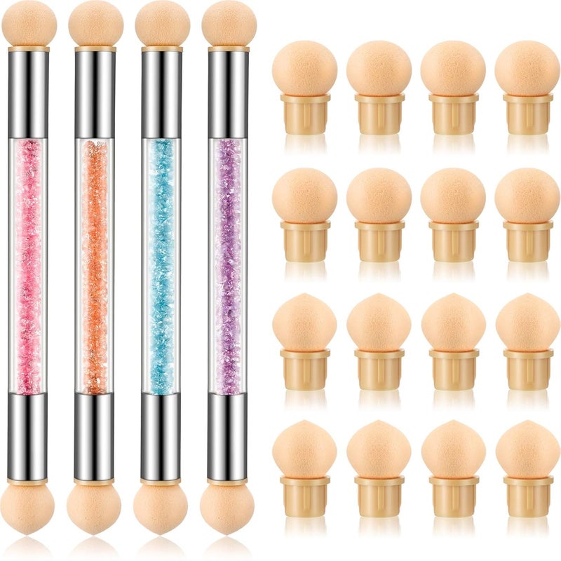 Maitys 4 Pcs UV Gel Gradient Sponges Pens with 16 Pcs Replacement Head Nail Sponges for Ombre Double Head Brush for Nail Art Manicure DIY Tools(Pink, Purple, Champagne, Blue)