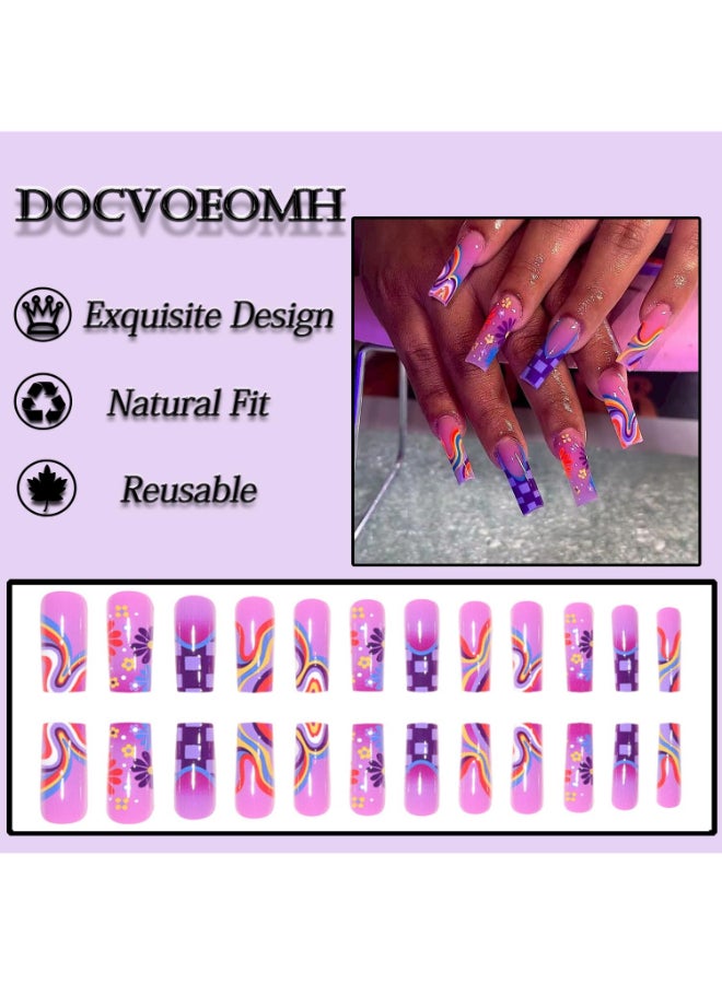 DOCVOEOMH Purple Long Press on Nails Square Fake Nails with Daisy Flower Design Full Cover Acrylic False Stick Glue on Nails for Women and Girls 24PCS - Image 3