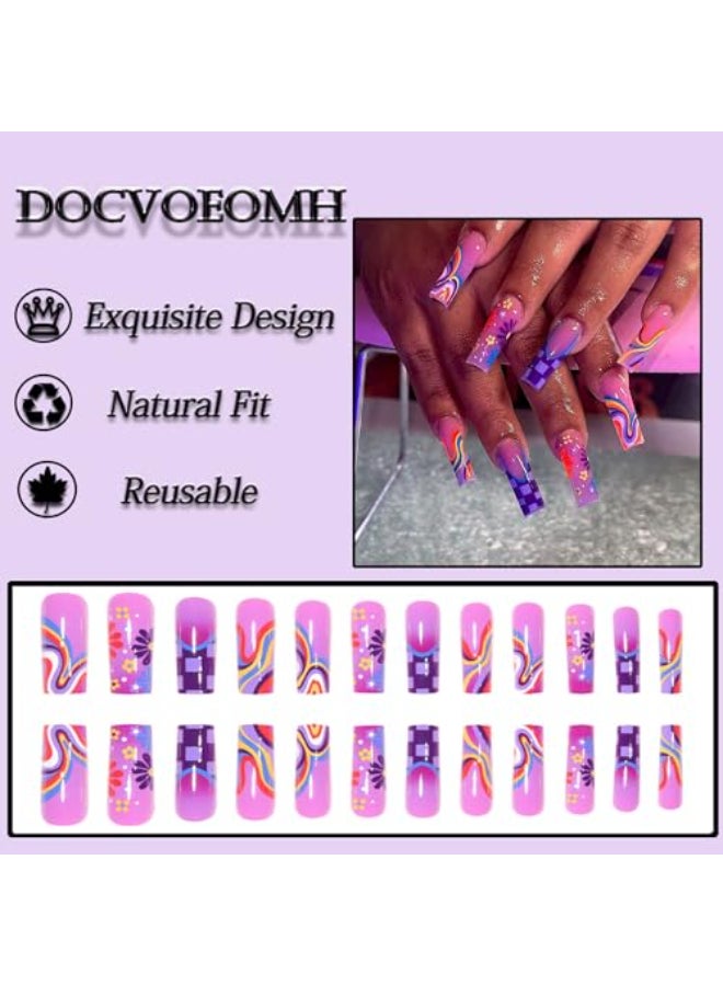 DOCVOEOMH Purple Long Press on Nails Square Fake Nails with Daisy Flower Design Full Cover Acrylic False Stick Glue on Nails for Women and Girls 24PCS - Image 2