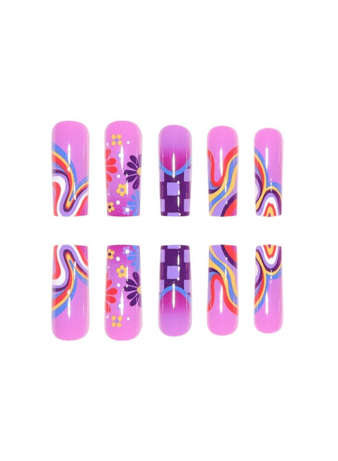 DOCVOEOMH Purple Long Press on Nails Square Fake Nails with Daisy Flower Design Full Cover Acrylic False Stick Glue on Nails for Women and Girls 24PCS - Image 4