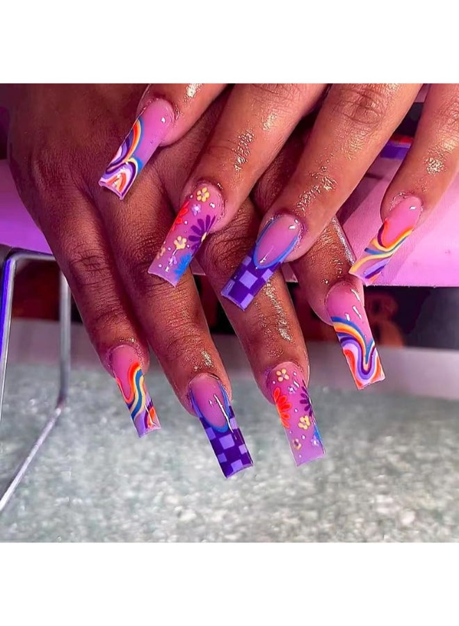 DOCVOEOMH Purple Long Press on Nails Square Fake Nails with Daisy Flower Design Full Cover Acrylic False Stick Glue on Nails for Women and Girls 24PCS - Image 1