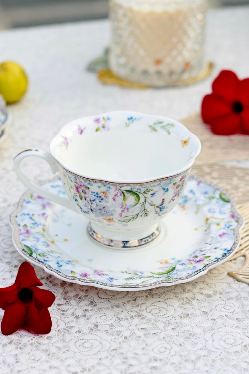 Vigneto Floral Flower Bed Cup and Saucer Set (Vintage Collection) for Tea/Coffee/Hot Drinks | Set of 6 Cup & 6 Saucers, 210 ML | Finest Premium Porcelain | Lead Free | Scratch Resistant | Chip Resistant - Image 5