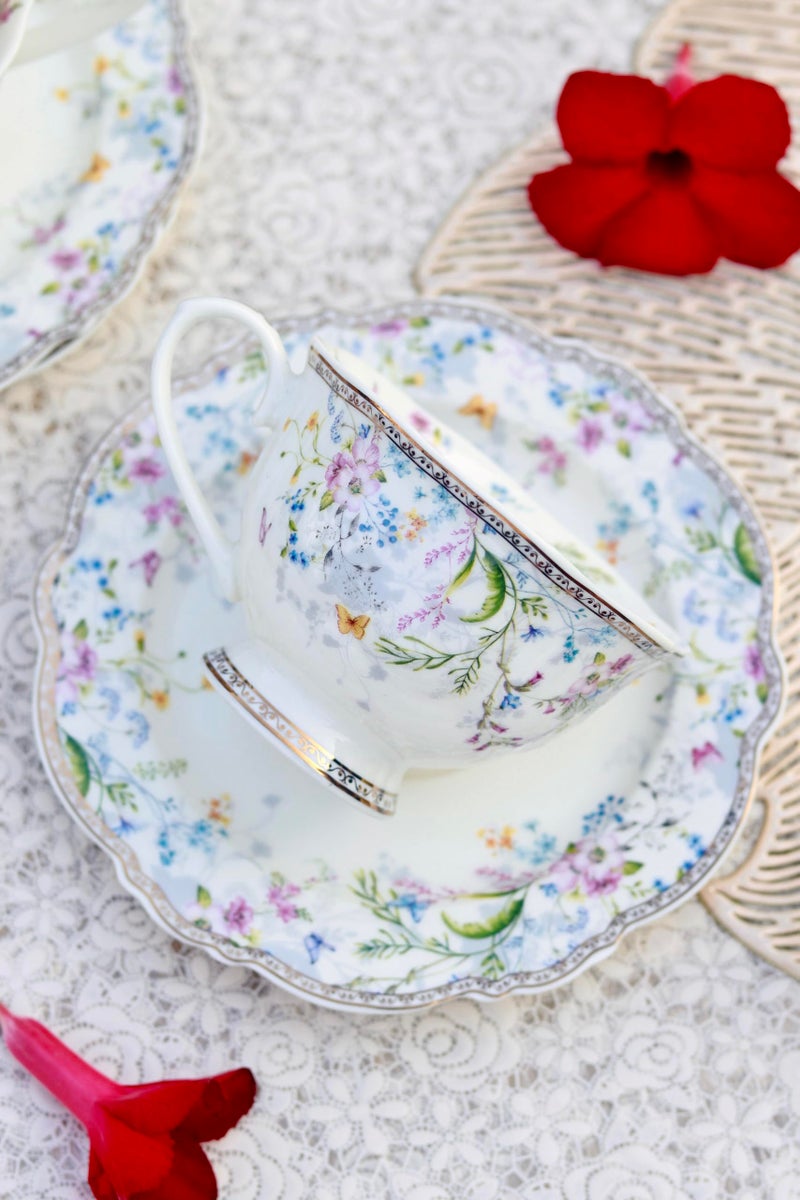 Vigneto Floral Flower Bed Cup and Saucer Set (Vintage Collection) for Tea/Coffee/Hot Drinks | Set of 6 Cup & 6 Saucers, 210 ML | Finest Premium Porcelain | Lead Free | Scratch Resistant | Chip Resistant - Image 3