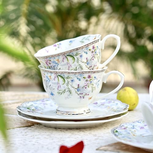 Vigneto Floral Flower Bed Cup and Saucer Set (Vintage Collection) for Tea/Coffee/Hot Drinks | Set of 6 Cup & 6 Saucers, 210 ML | Finest Premium Porcelain | Lead Free | Scratch Resistant | Chip Resistant - Image 2