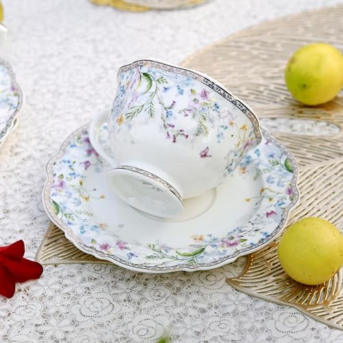 Vigneto Floral Flower Bed Cup and Saucer Set (Vintage Collection) for Tea/Coffee/Hot Drinks | Set of 6 Cup & 6 Saucers, 210 ML | Finest Premium Porcelain | Lead Free | Scratch Resistant | Chip Resistant - Image 1